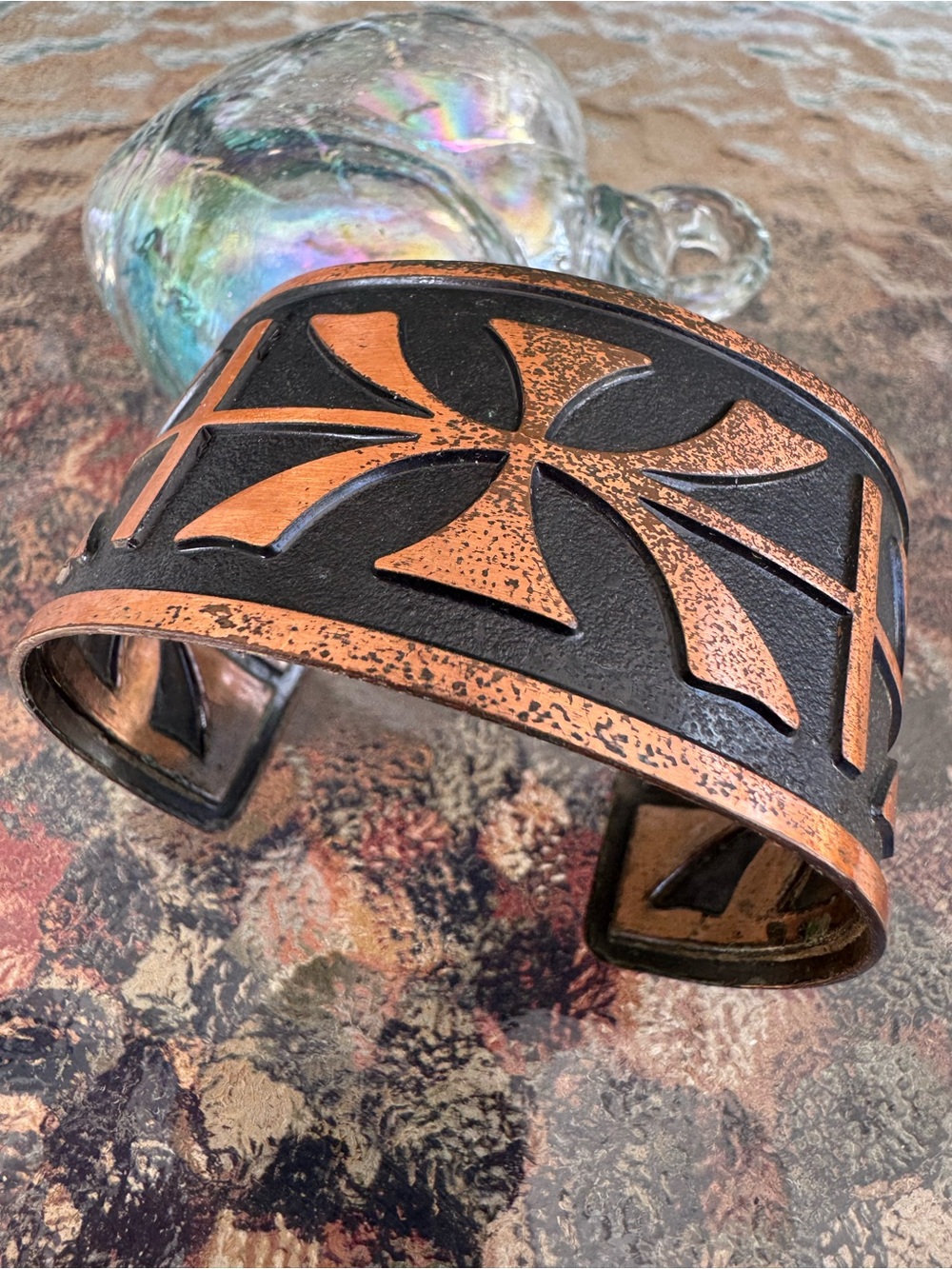 Vintage Copper Cuff Bracelet Native American Design Black Detail Patina